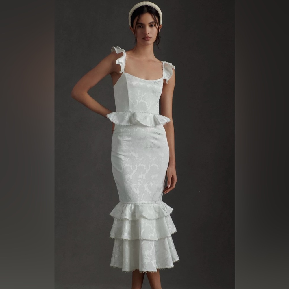 V. Chapman Violet Corset Ruffled Tiered Hem Midi Dress